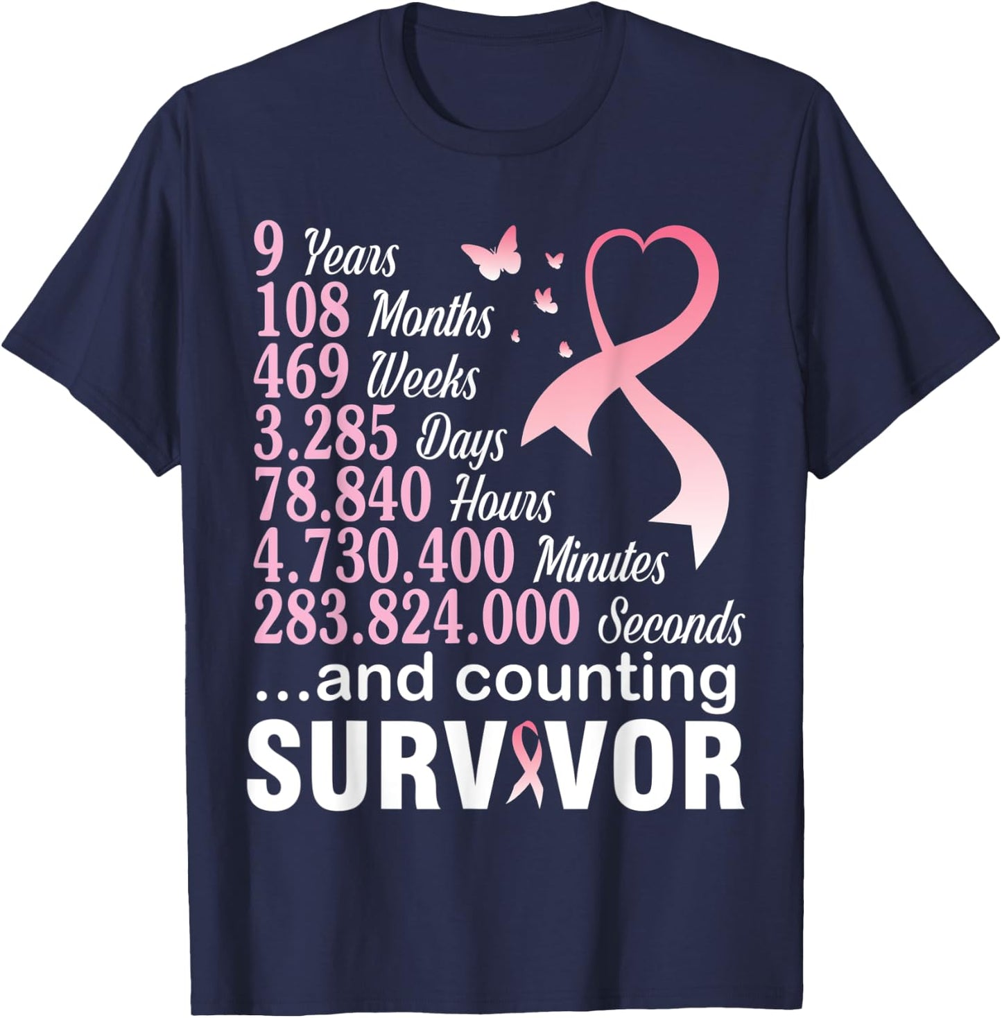 9 Years 108 Months & Counting Survivor Warrior Breast Cancer T-Shirt - T-Shirt | Navy