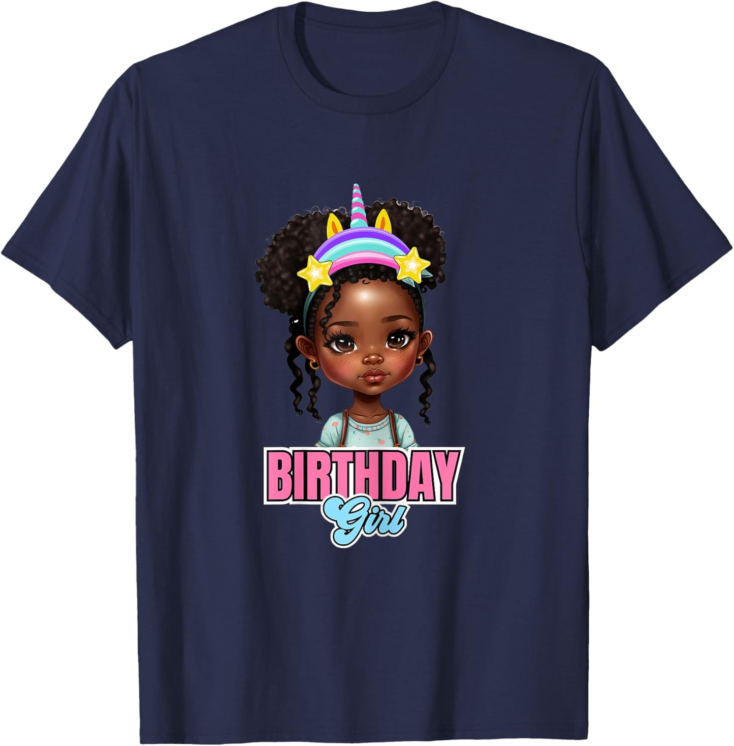 Kids Black Girl Birthday Melanin Kids Afro Puff Unicorn Girl T-Shirt - T-Shirt | Navy