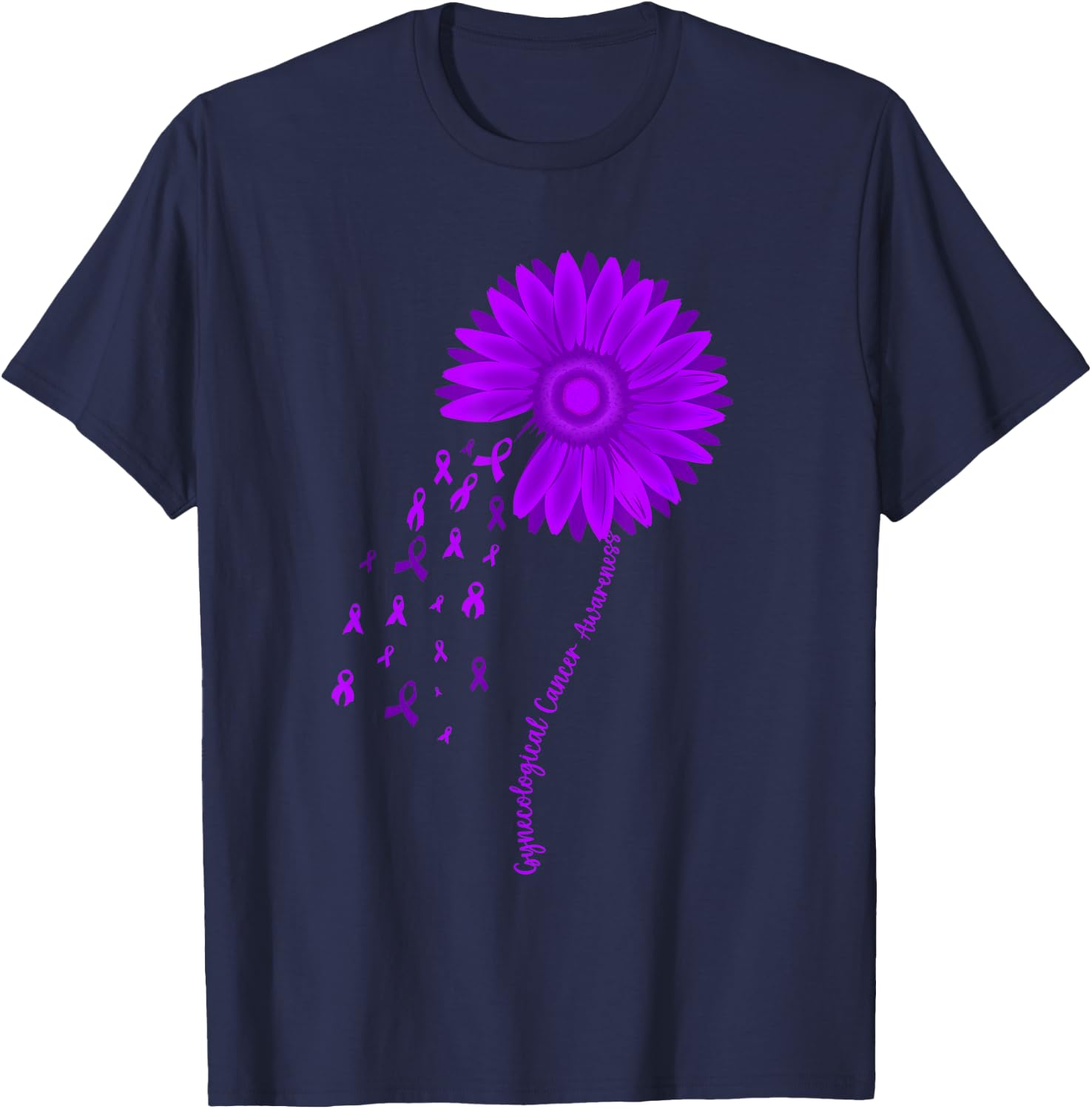 Gynecological Cancer Awareness Month Purple Ribbon Sunflower T-Shirt - T-Shirt | Navy