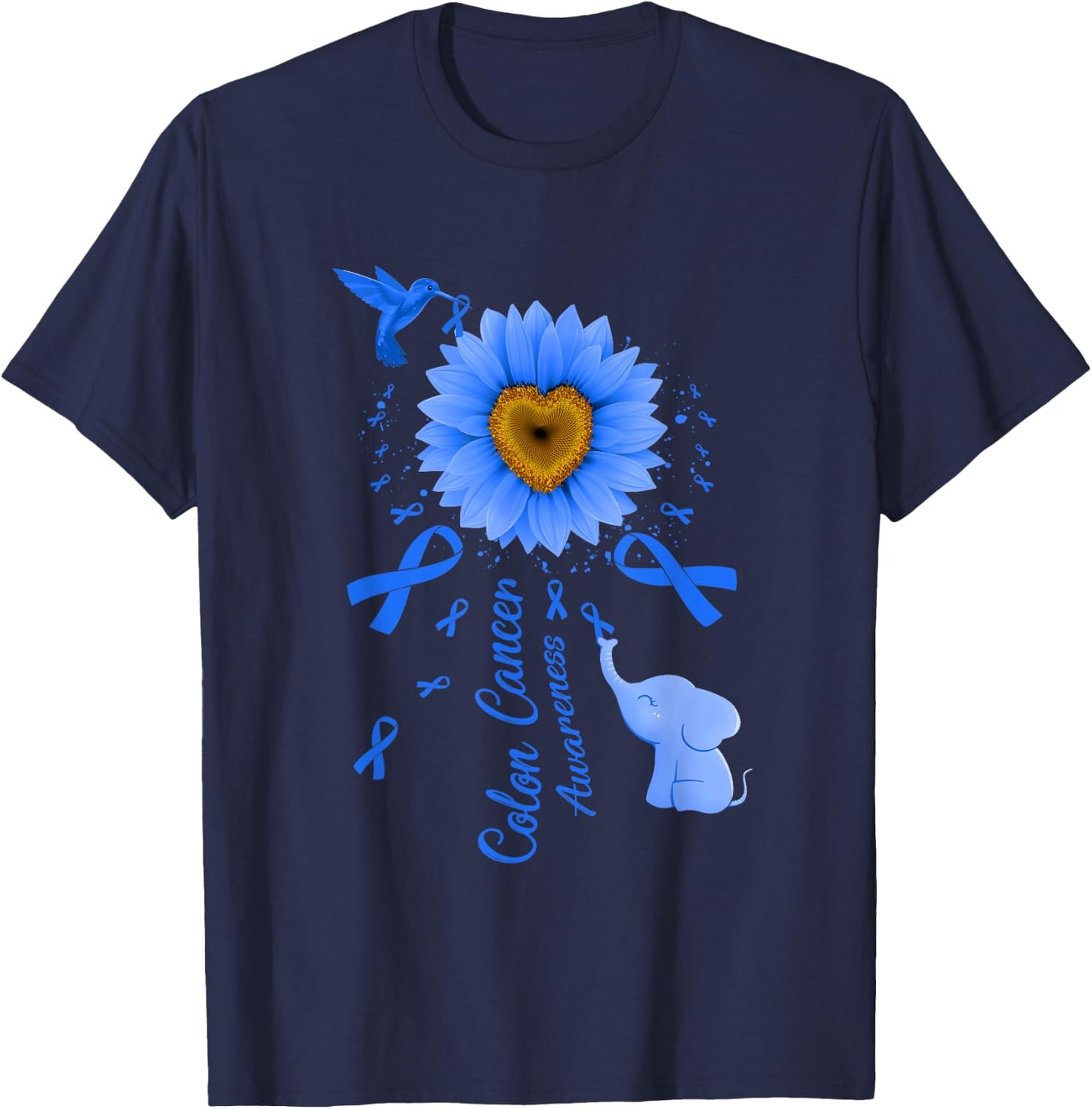 Sunflower Hummingbird Elephant Colon Cancer Awareness T-Shirt - T-Shirt | Navy