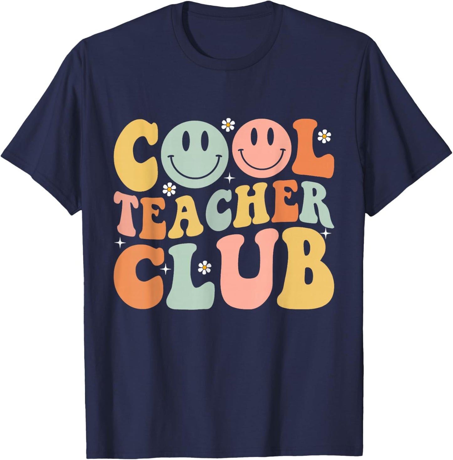 Groovy Retro Cool Teacher Club Shirt Funny Smile Happy Face T-Shirt - T-Shirt | Navy