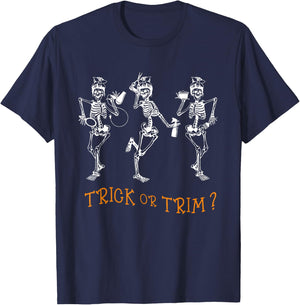 Dancing Skeleton Hairdresser Trick Or Trim Hairstylist Funny T-Shirt - T-Shirt | Navy