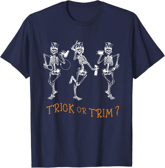 Dancing Skeleton Hairdresser Trick Or Trim Hairstylist Funny T-Shirt - T-Shirt | Navy