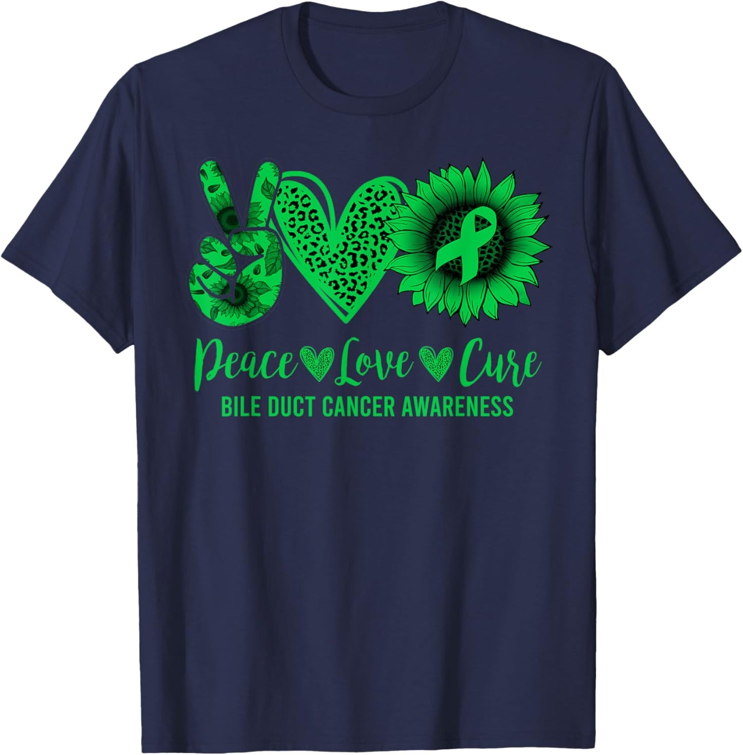 Peace Love Cure Sunflower Bile Duct Cancer Awareness Warrior T-Shirt - T-Shirt | Navy