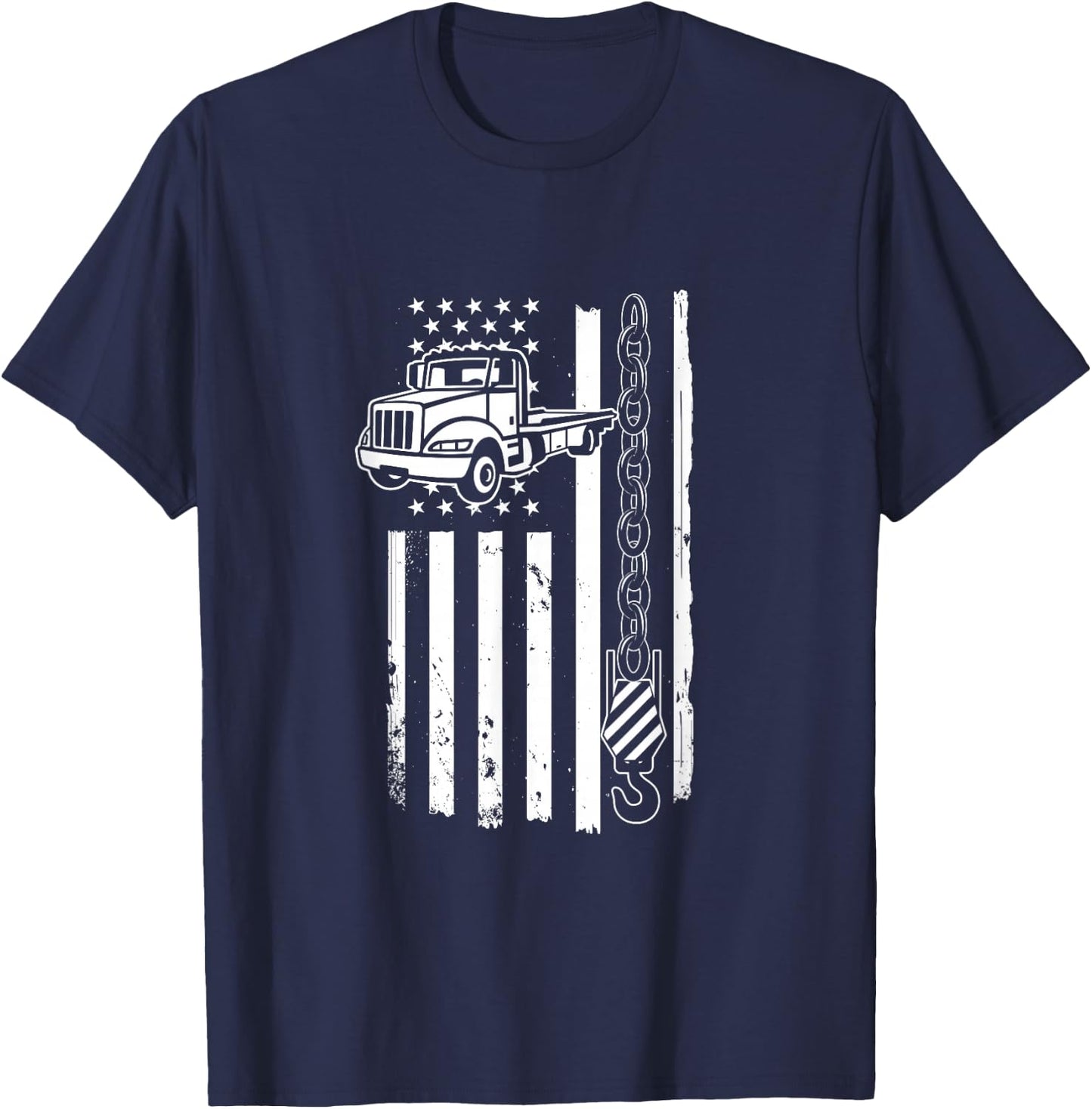 Tow Truck with US Flag | Breakdown Car | Wrecker Driver T-Shirt - T-Shirt | Navy
