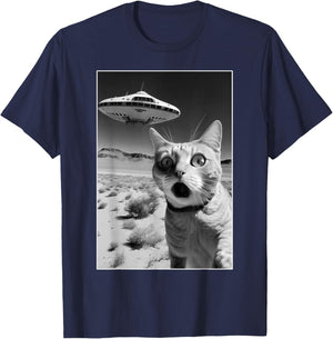 A cat taking a selfie with a ufo spaceship - funny pun meme Men Women Kids T-Shirt - T-Shirt | Navy