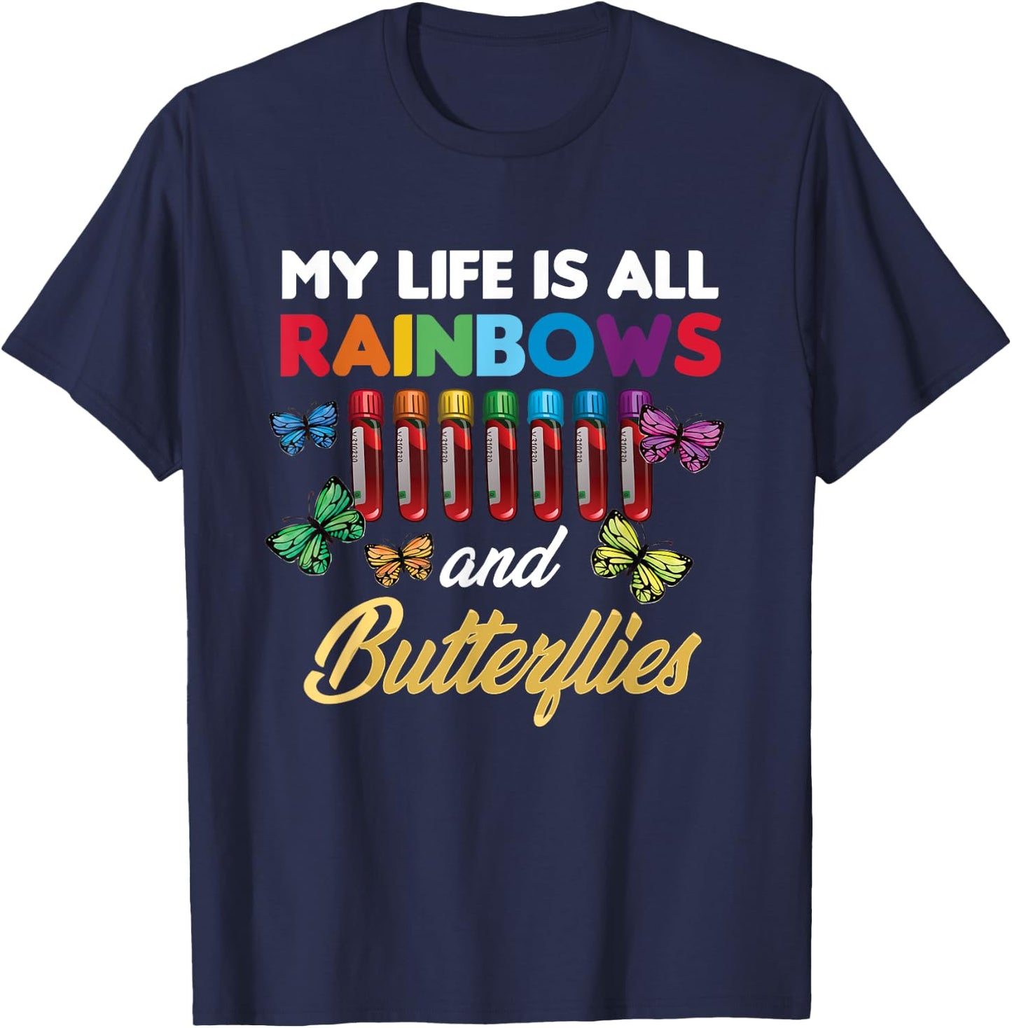 Reaction Glass Butterfly Rainbow Phlebotomist Laboratory T-Shirt - T-Shirt | Navy