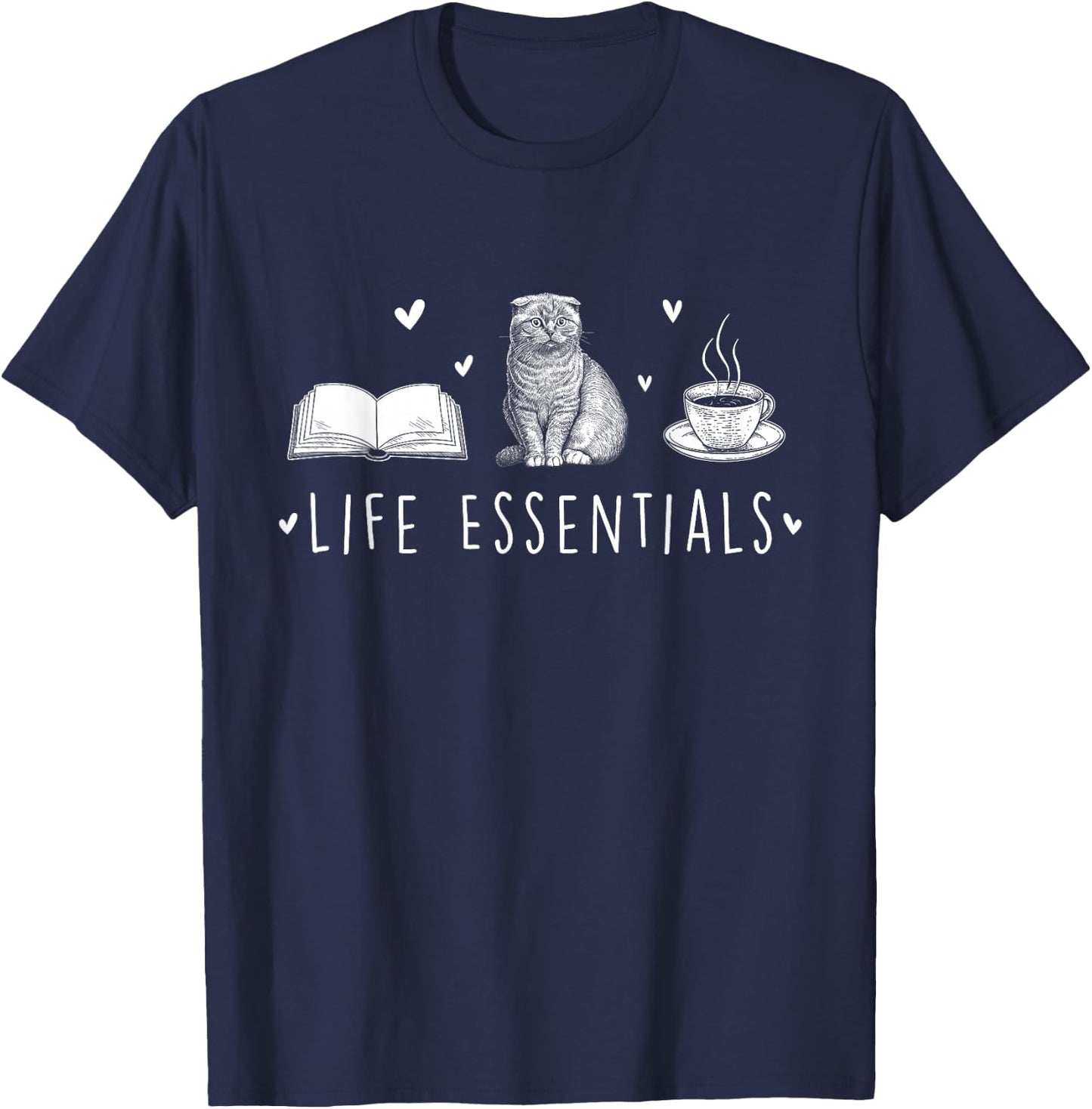Life Essentials - Cats Books Coffee Animal Lover Pet Owner T-Shirt - T-Shirt | Navy