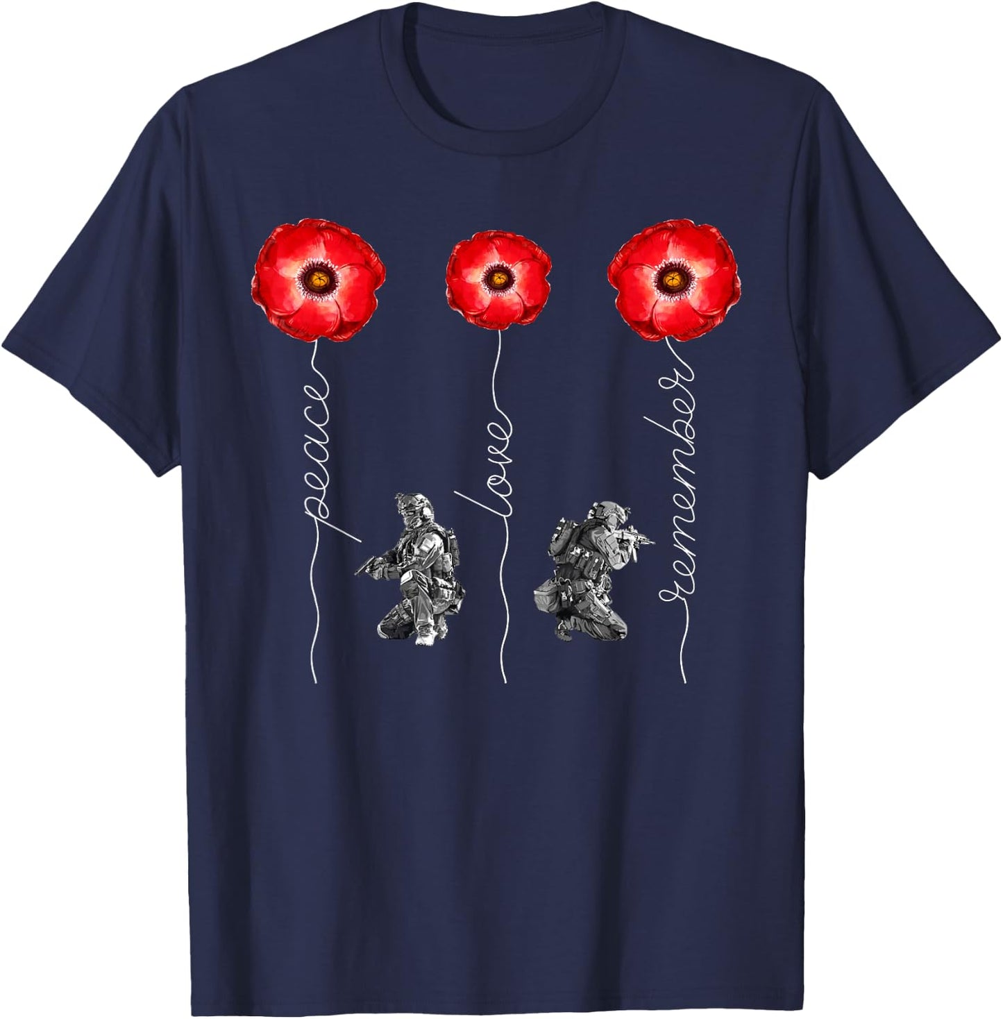 Peace Love Remember Red Poppy Flower Soldier Memorial Day T-Shirt - T-Shirt | Navy