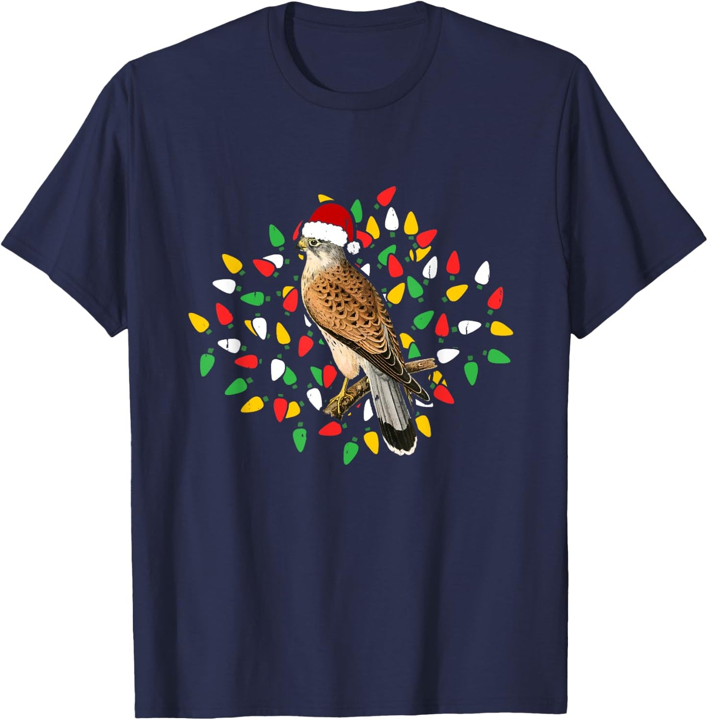 Holiday Xmas Lighting Santa Hat Red Shouldered Hawk Bird T-Shirt - T-Shirt | Navy