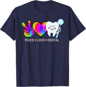 Peace Love Dental Tie Dye Heart Rainbow Teeth Cute Dentist T-Shirt - T-Shirt | Navy