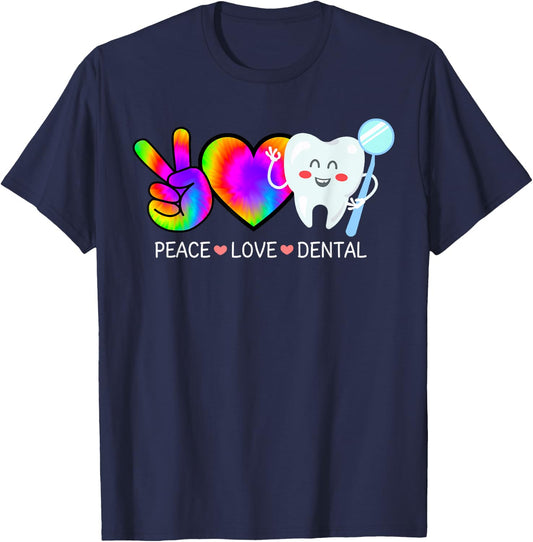 Peace Love Dental Tie Dye Heart Rainbow Teeth Cute Dentist T-Shirt - T-Shirt | Navy