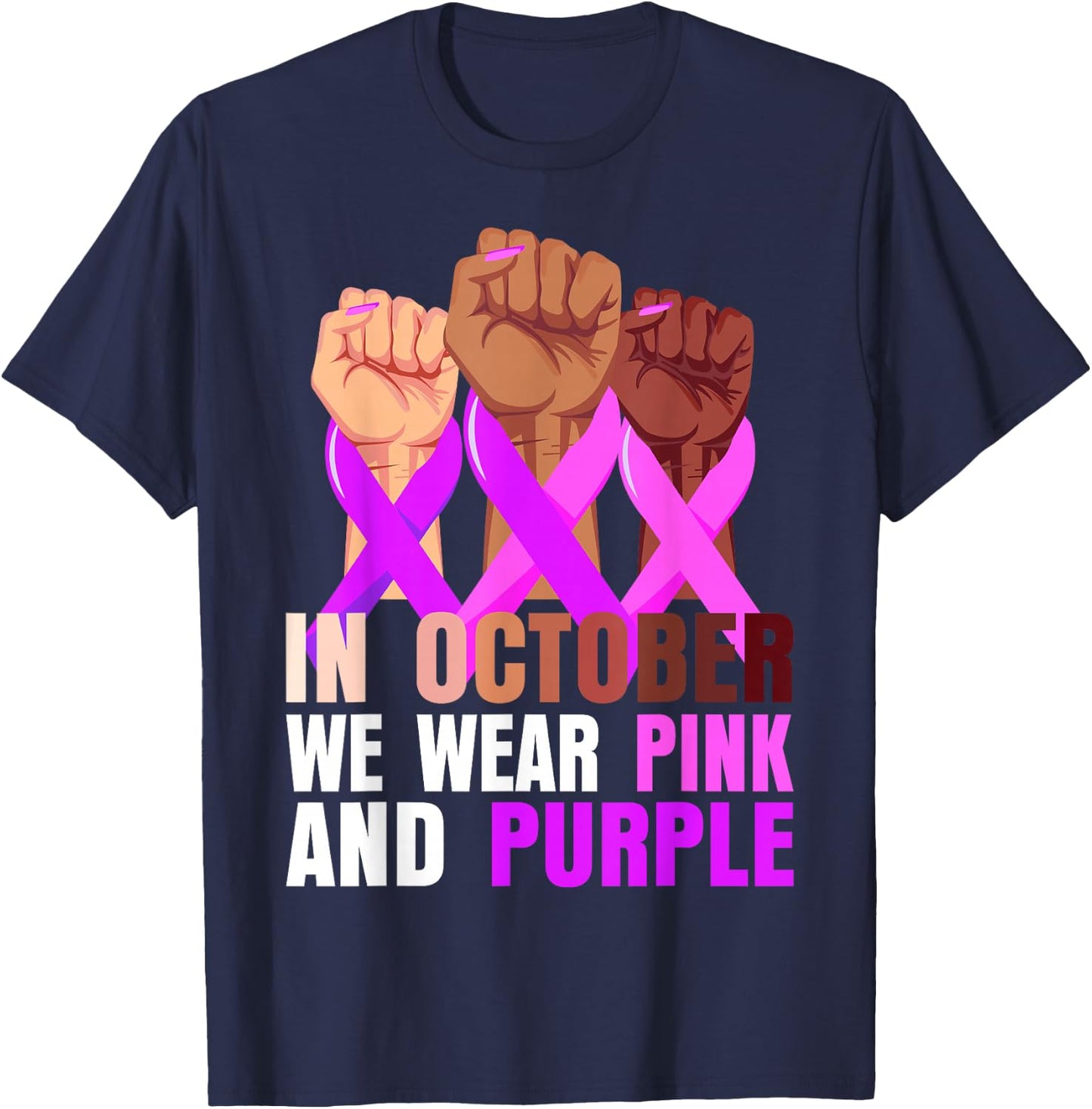 Breast Cancer Pink Domestic Violence Purple Awareness Month T-Shirt - T-Shirt | Navy