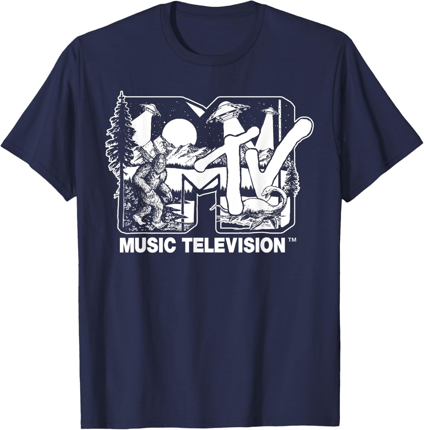 Mademark x MTV - Cryptid-Filled MTV Logo Feat. Bigfoot, UFO, & Nessie Sketch T-Shirt - T-Shirt | Navy
