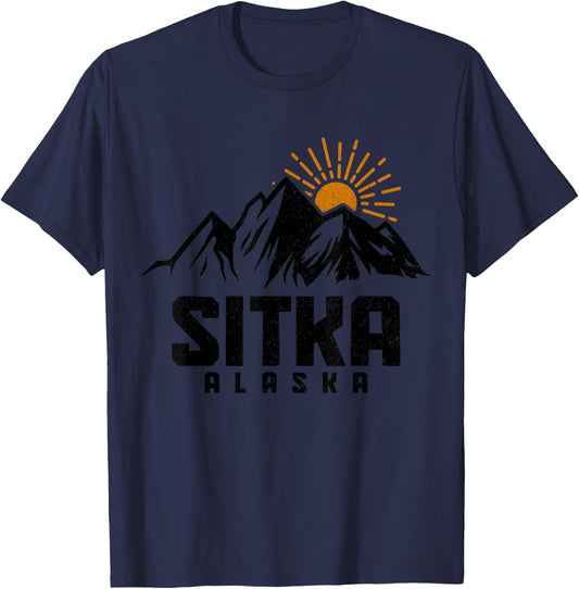 Sitka Alaska Vintage Mountains Sunset Hiking Nature T-Shirt - T-Shirt | Navy