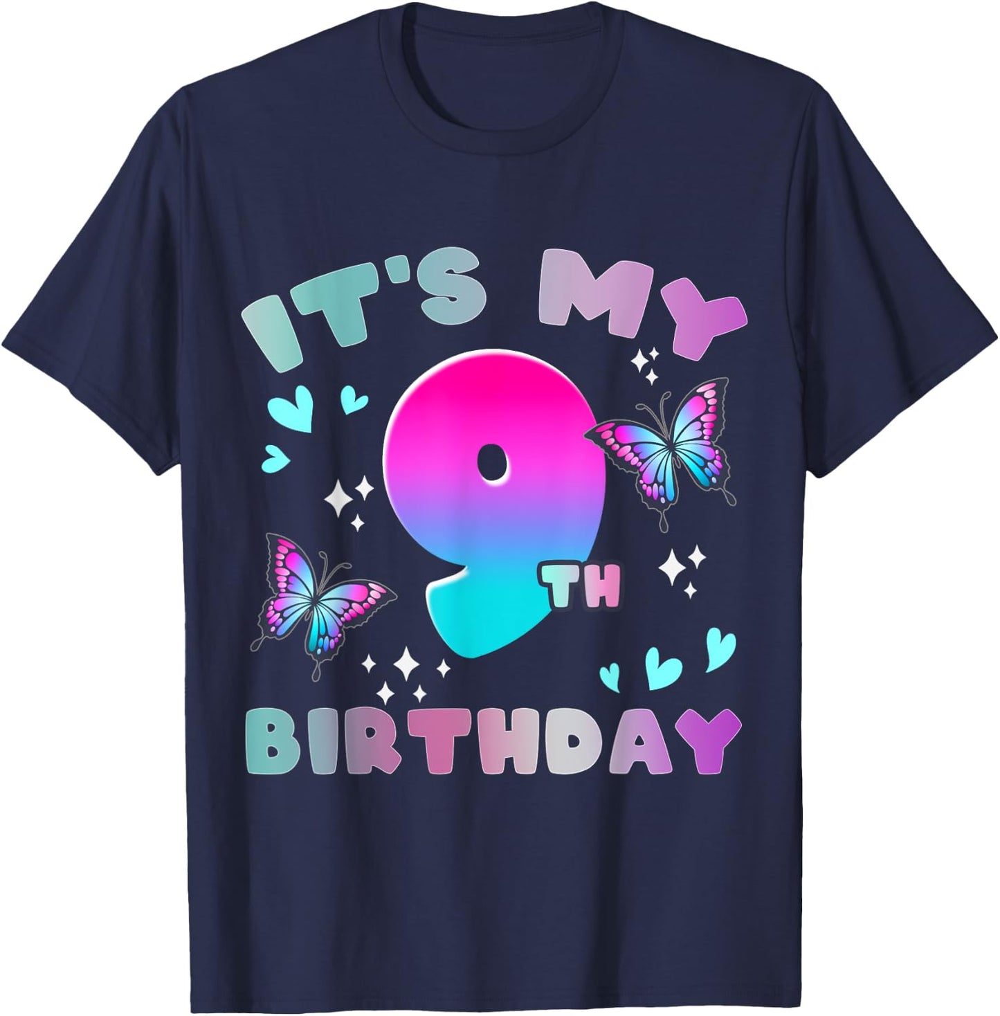 It's My 9th Birthday Butterfly 9 Years Old Butterflies Kid T-Shirt - T-Shirt | Navy