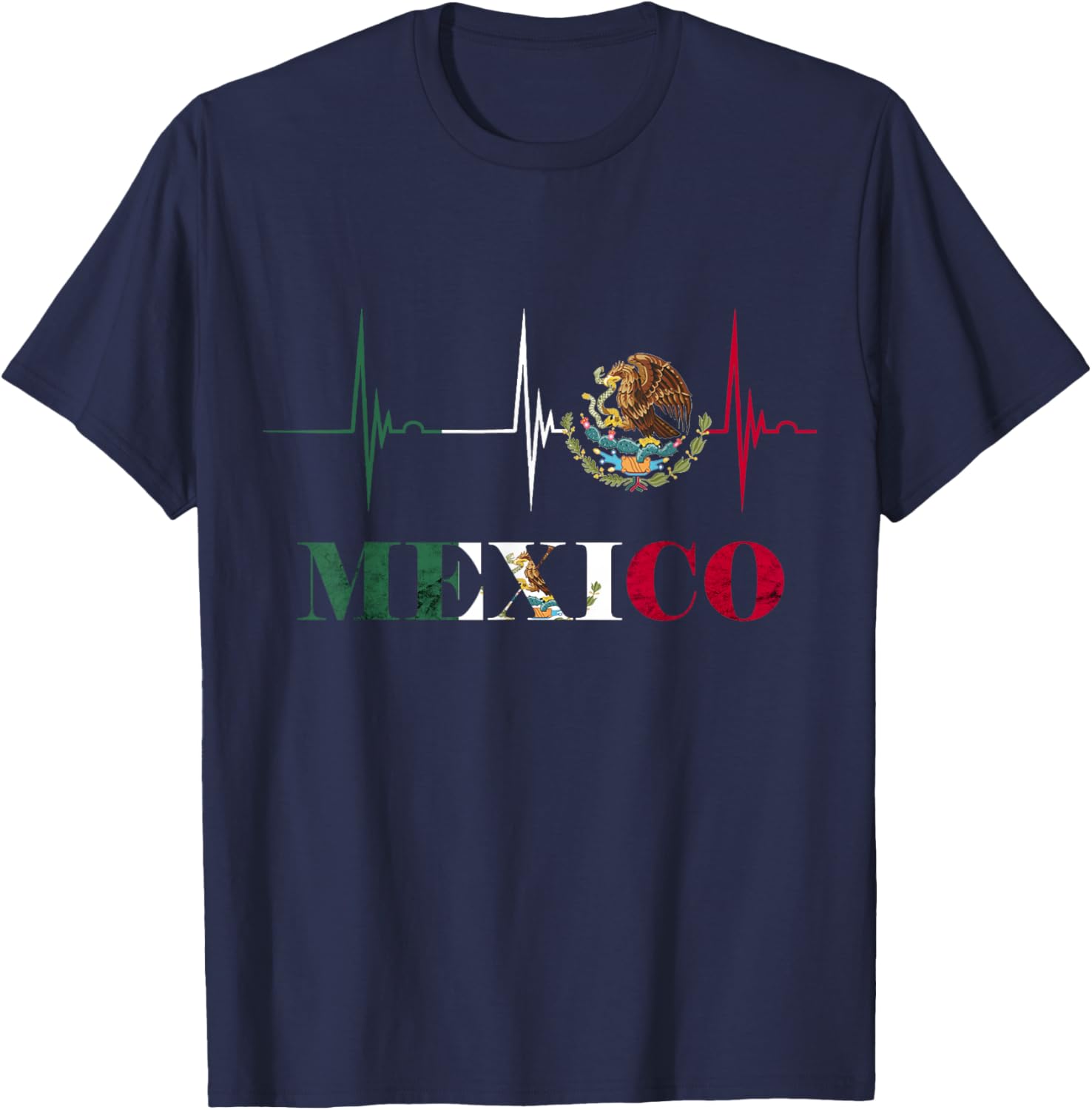 Heartbeat EKG Pulse Mexico Emblem Mexico Flag Mexican Pride T-Shirt - T-Shirt | Navy