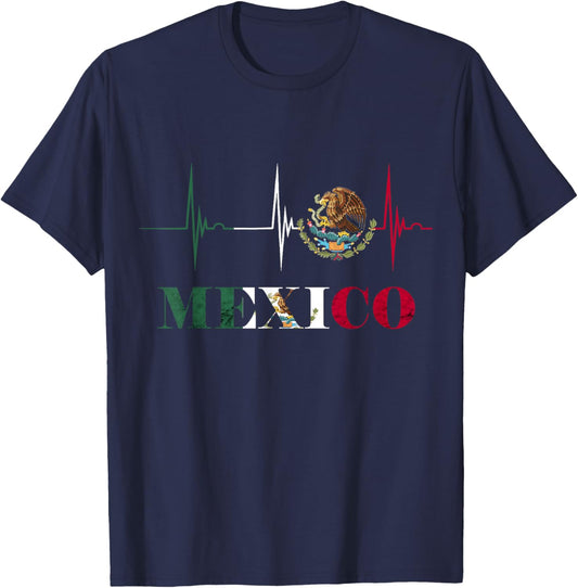 Heartbeat EKG Pulse Mexico Emblem Mexico Flag Mexican Pride T-Shirt - T-Shirt | Navy