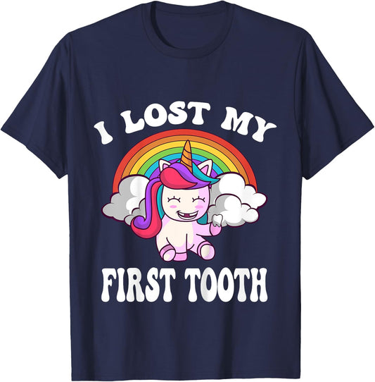 Rainbow Unicorn I Lost My First Tooth Funny Tooth Fairy T-Shirt - T-Shirt | Navy