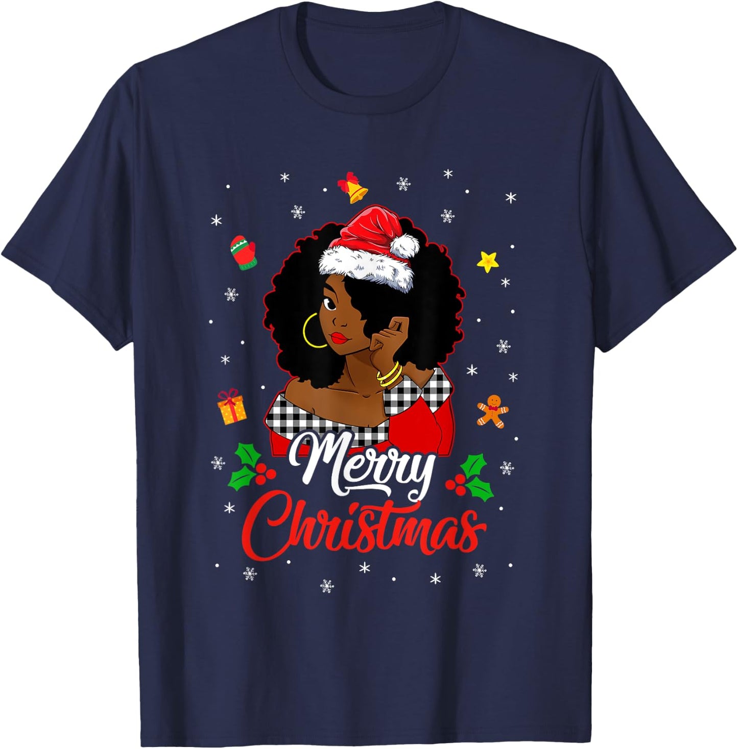 Black African Girl American Melanin Christmas Santa Hat Xmas T-Shirt - T-Shirt | Navy