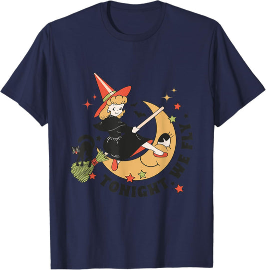 Vintage Tonight We Fly Witch On Broom Cat Retro Halloween Women Kids T-Shirt - T-Shirt | Navy