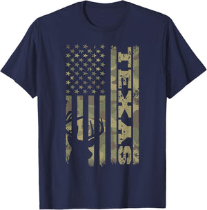 Texas Deer Hunter Vintage Deer Hunting Camo USA Flag T-Shirt - T-Shirt | Navy