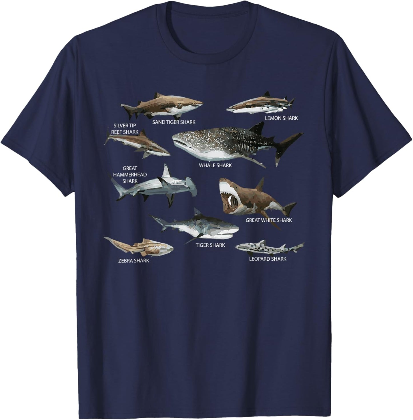 Educational Shark Types Faces Sea Mammals Marine Biologist T-Shirt - T-Shirt | Navy