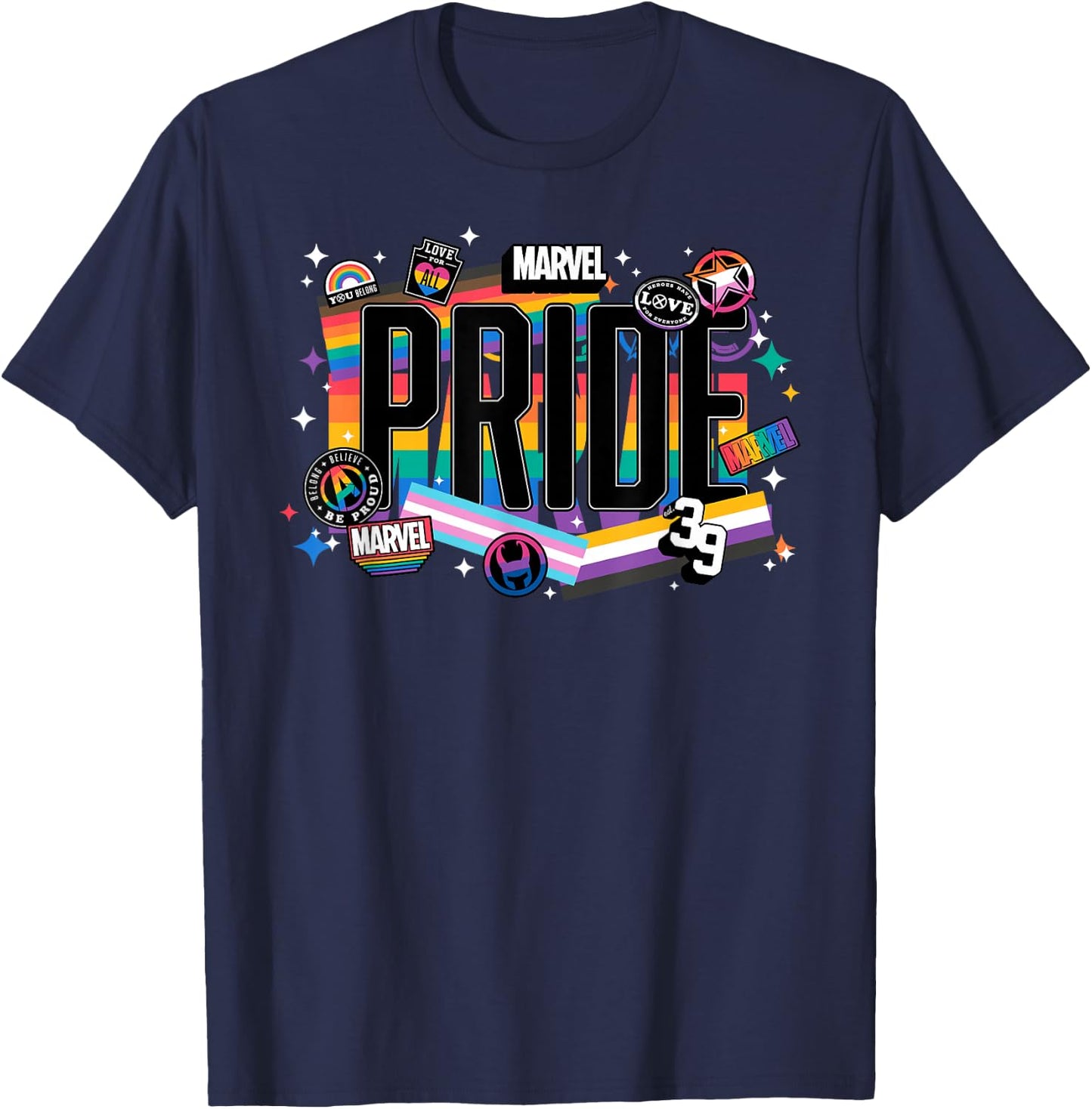 Marvel Pride Rainbow Flags Proud Heroes Stickers Est. ‘39 T-Shirt - T-Shirt | Navy