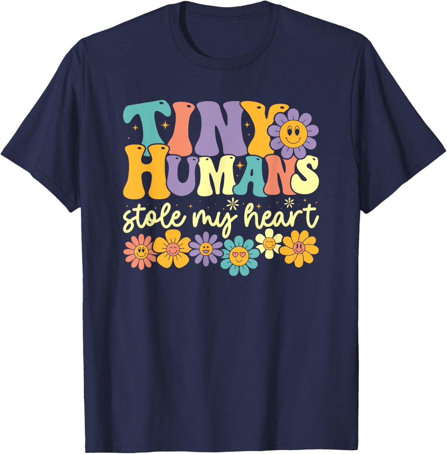 Tiny Humans Stole My Heart Retro Groovy Kindergarten Teacher T-Shirt - T-Shirt | Navy