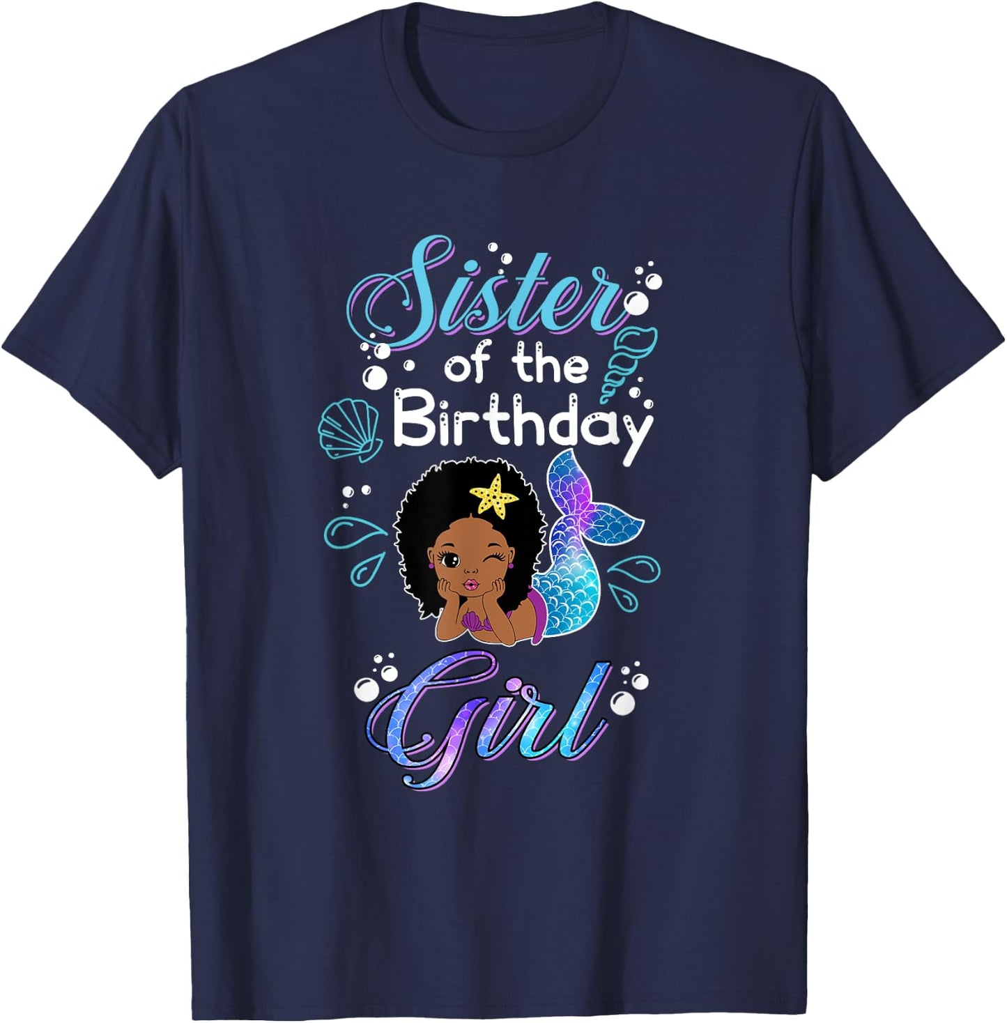 Sister Of The Birthday Mermaid African American Kid Sis Girl T-Shirt - T-Shirt | Navy