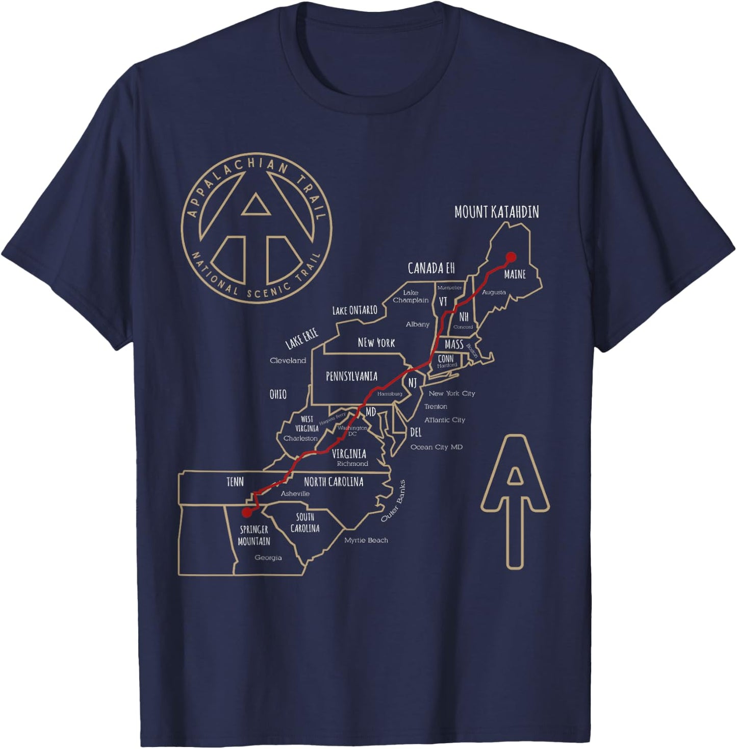 Appalachian Trail Hiking Map, Outdoor Adventure Trailing T-Shirt - T-Shirt | Navy