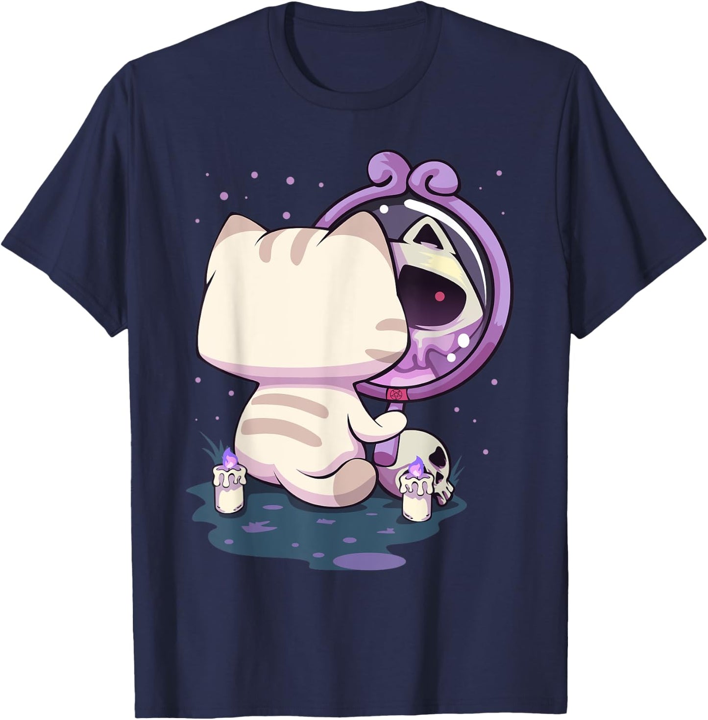 Pastel Goth Kawaii Sad Cat With Mirror T-Shirt - T-Shirt | Navy