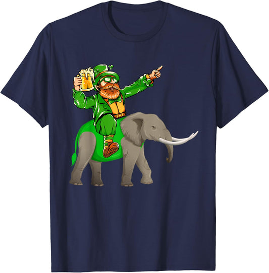 St. Patrick's Day Man Riding Elephant Funny Drinking Beer T-Shirt - T-Shirt | Navy