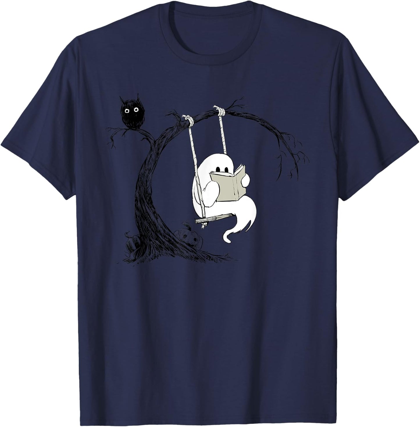 Cute Ghost swinging reading book Halloween ghost costume T-Shirt - T-Shirt | Navy