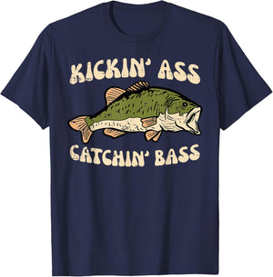 Fishing Kickin Catchin Bass Funny Fisherman Angler Men Women T-Shirt - T-Shirt | Navy