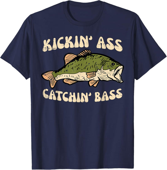 Fishing Kickin Catchin Bass Funny Fisherman Angler Men Women T-Shirt - T-Shirt | Navy