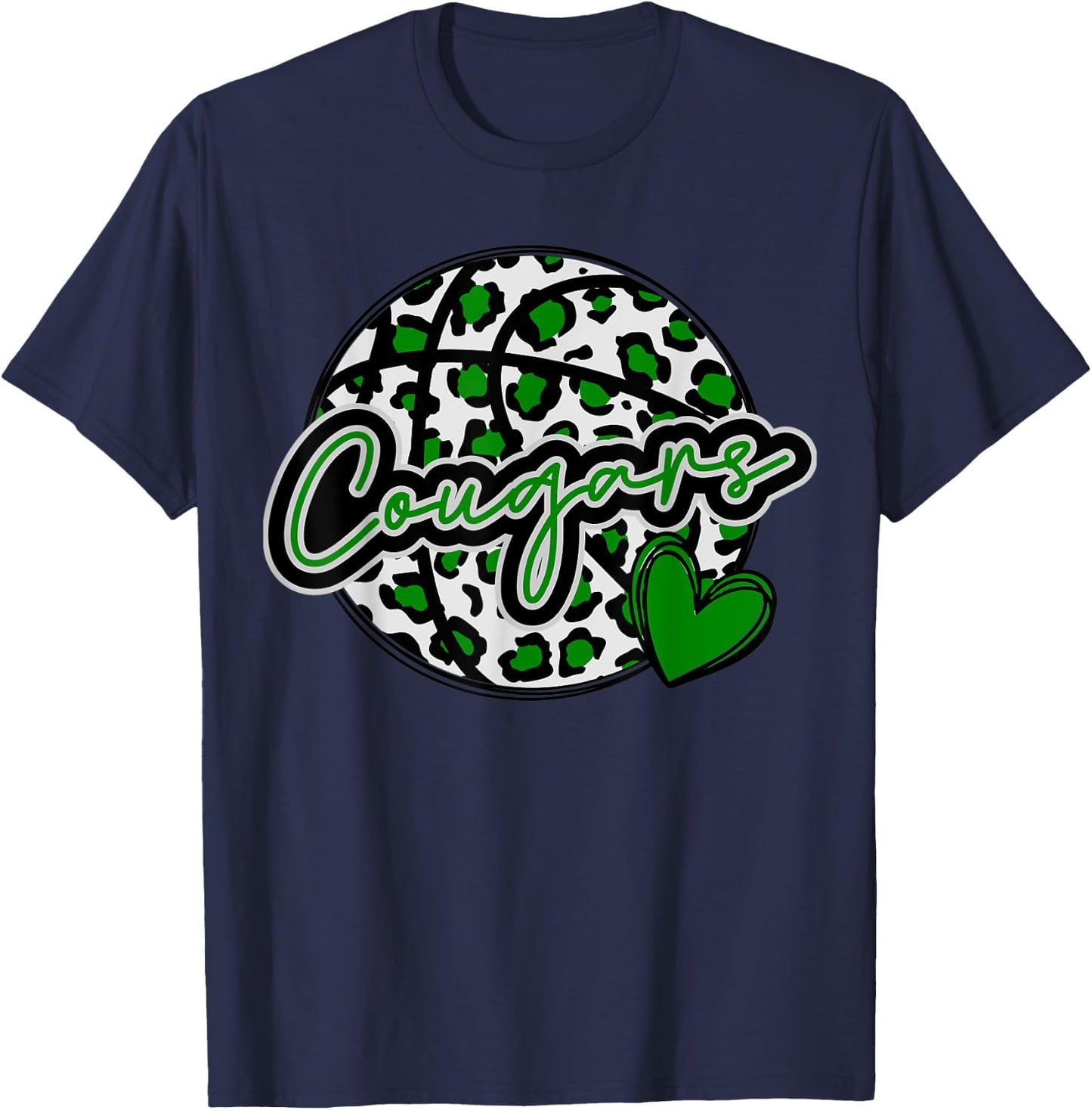 Leopard Cheetah Basketball COUGARS Green Spirit Game T-Shirt - T-Shirt | Navy