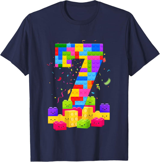 7 Years Old Builder Boy Girl Building Blocks 7th Birthday T-Shirt - T-Shirt | Navy