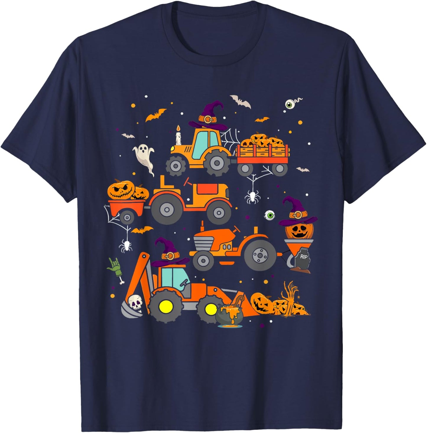 Toddler Halloween Shirt Tractor Ghost Pumpkin Kids Boys T-Shirt - T-Shirt | Navy