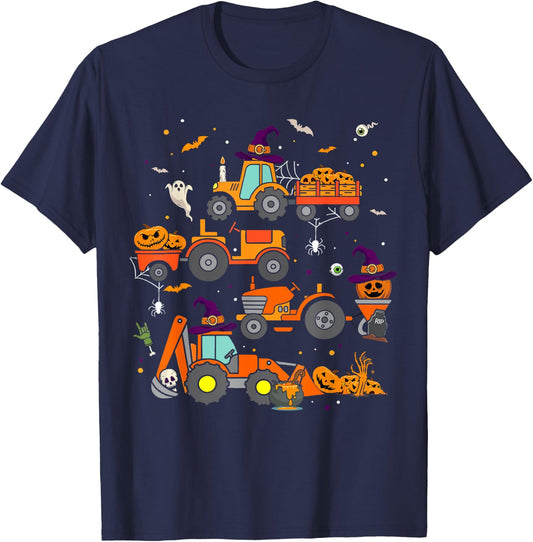 Toddler Halloween Shirt Tractor Ghost Pumpkin Kids Boys T-Shirt - T-Shirt | Navy
