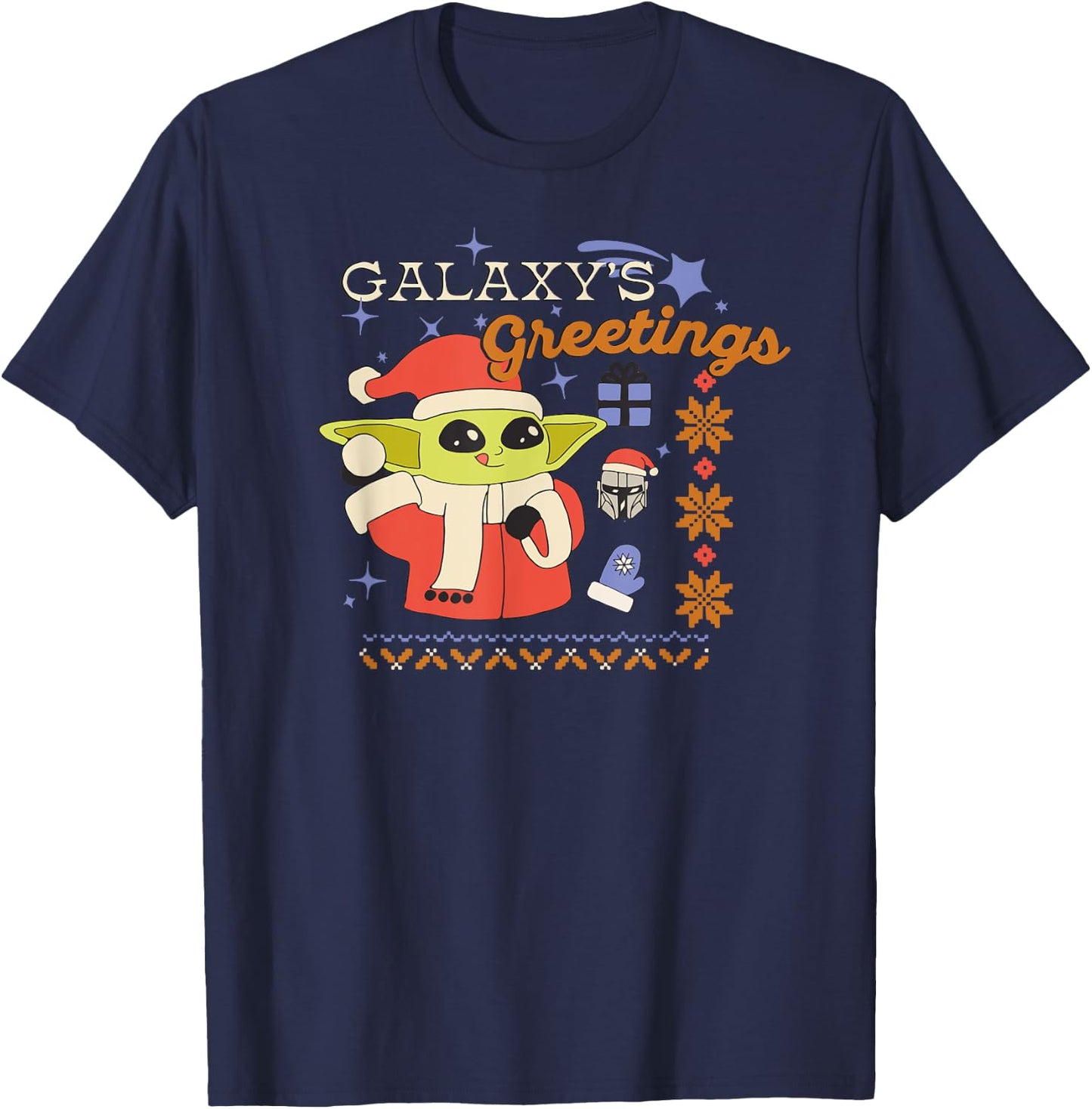 Amazon Essentials Men's The Mandalorian Grogu Christmas Holiday Galaxy's Greetings , Black Graphic Print, Small T-Shirt - T-Shirt | Navy