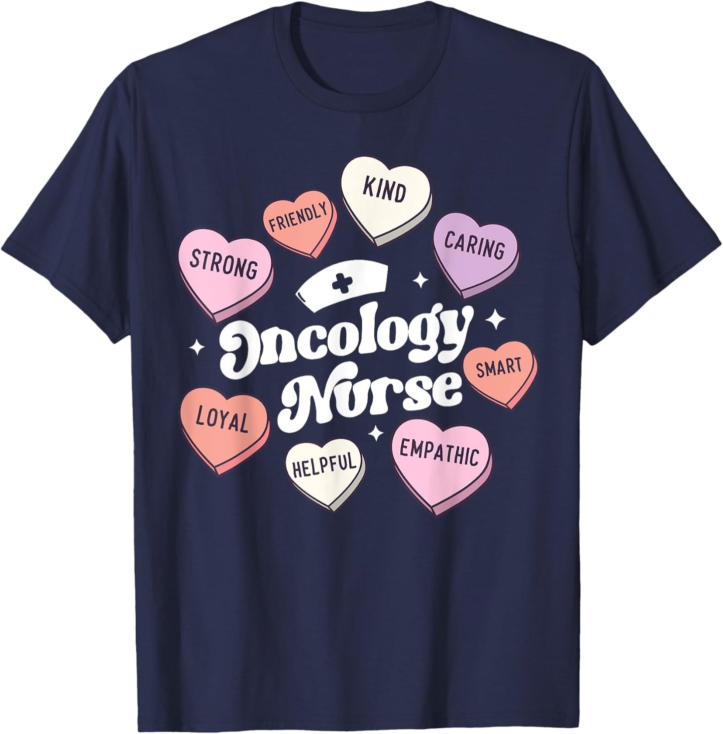 Valentines Day Oncology Nurse Cancer Support Groovy Hearts T-Shirt - T-Shirt | Navy