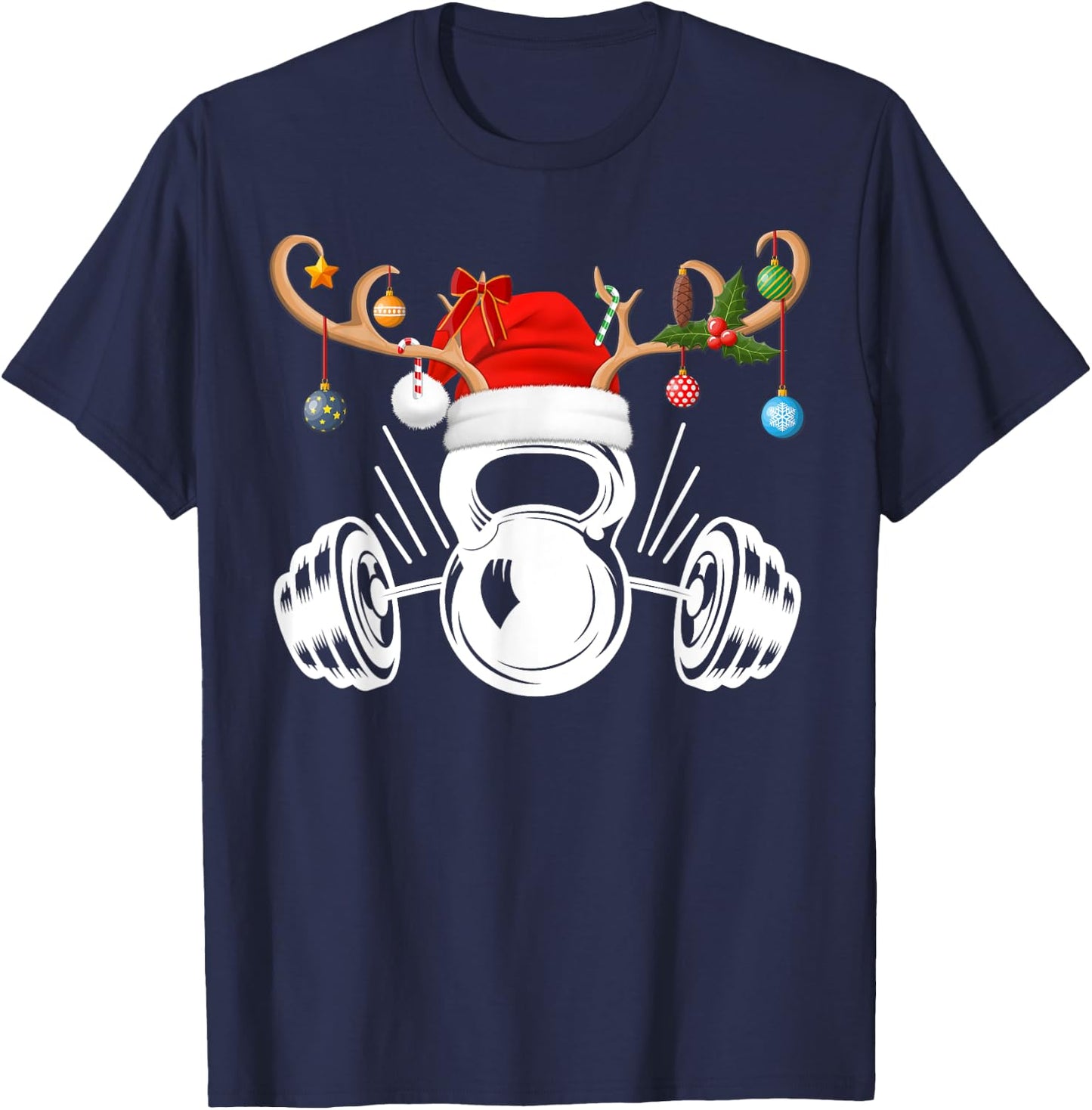 Funny Reindeer Santa Hat Weightlifting Fitness Christmas T-Shirt - T-Shirt | Navy