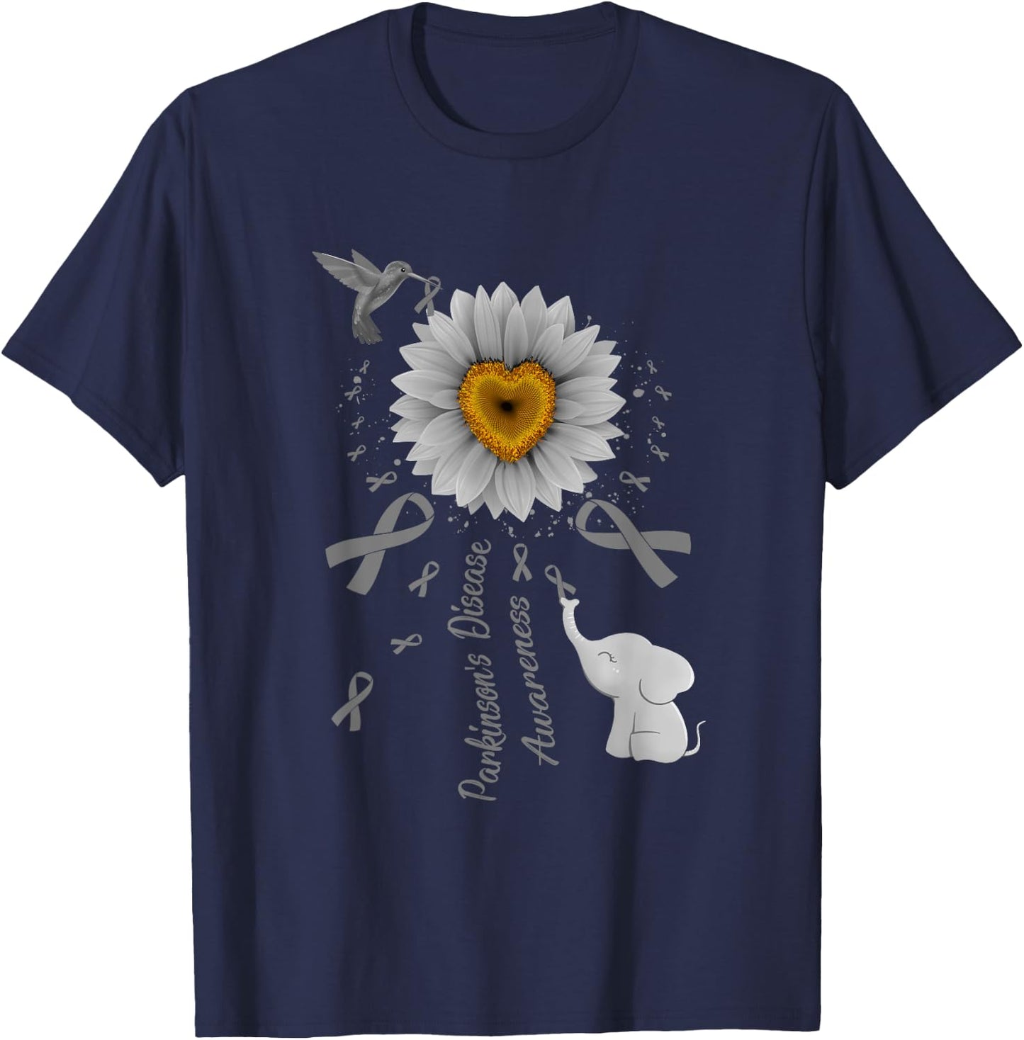 Sunflower Hummingbird Elephant Parkinson's Disease Awareness T-Shirt - T-Shirt | Navy