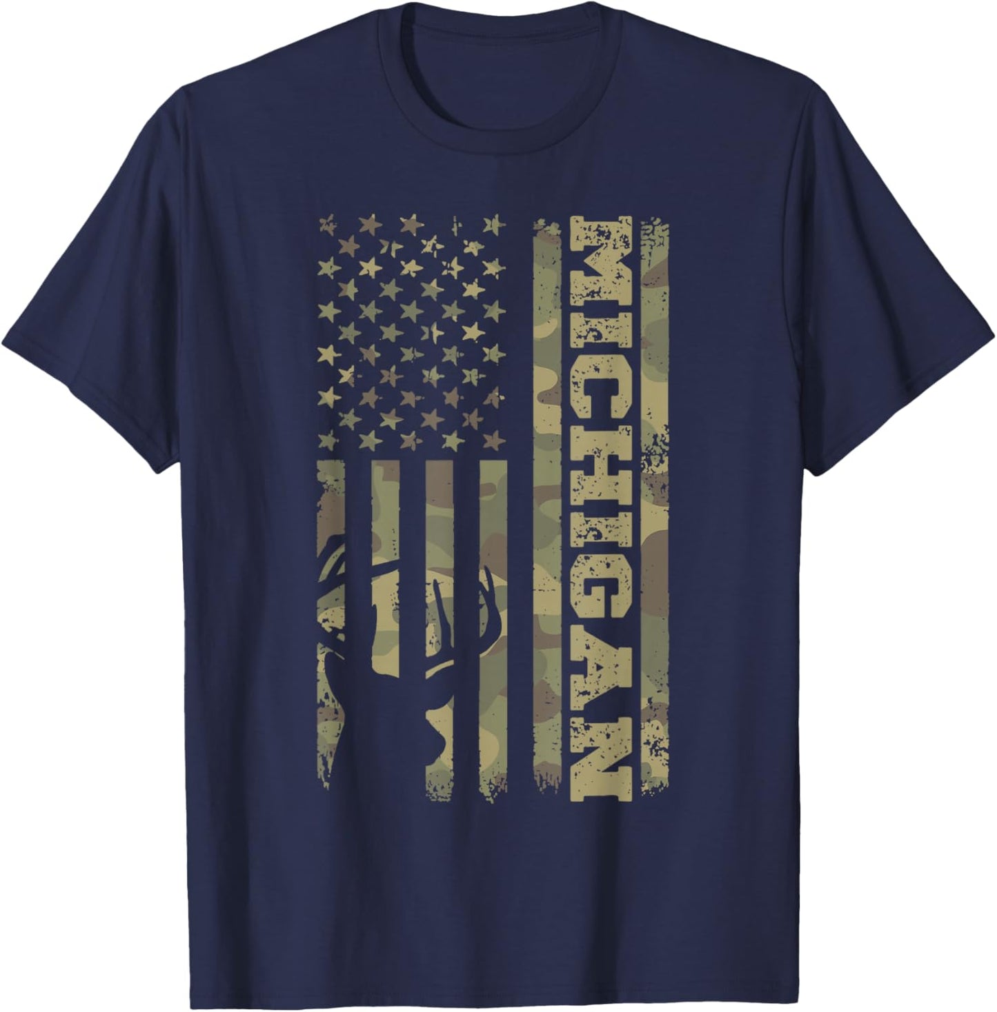 Michigan Deer Hunter Vintage Deer Hunting Camo USA Flag T-Shirt - T-Shirt | Navy
