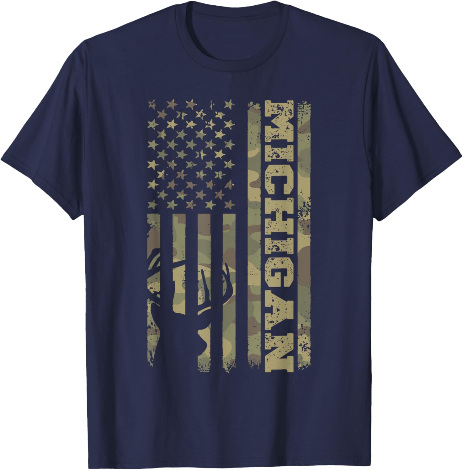 Michigan Deer Hunter Vintage Deer Hunting Camo USA Flag T-Shirt - T-Shirt | Navy