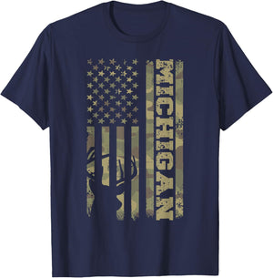 Michigan Deer Hunter Vintage Deer Hunting Camo USA Flag T-Shirt - T-Shirt | Navy