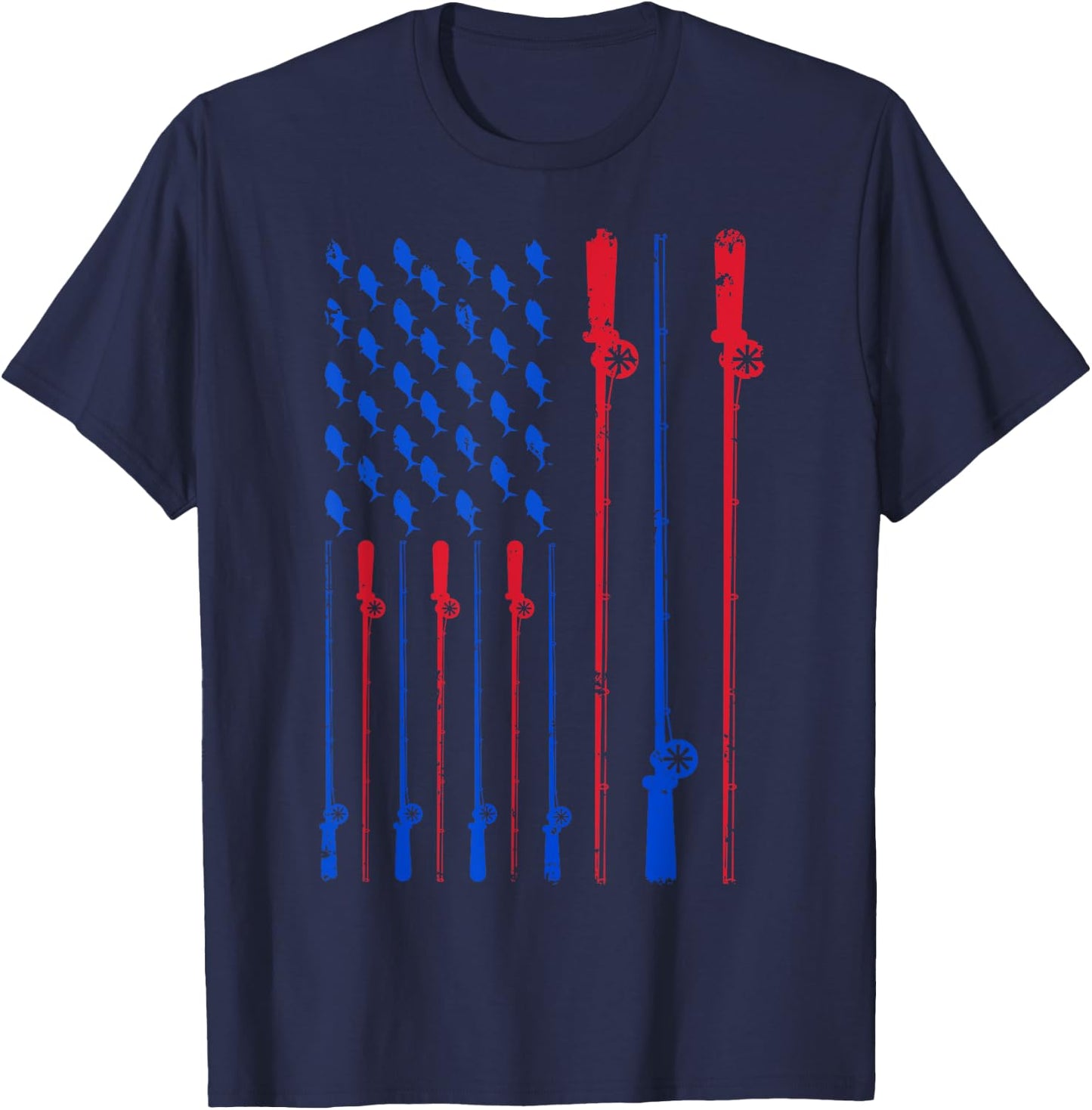 Fishing Pole American Flag Patriotic Men Women 4th of July T-Shirt - T-Shirt | Navy
