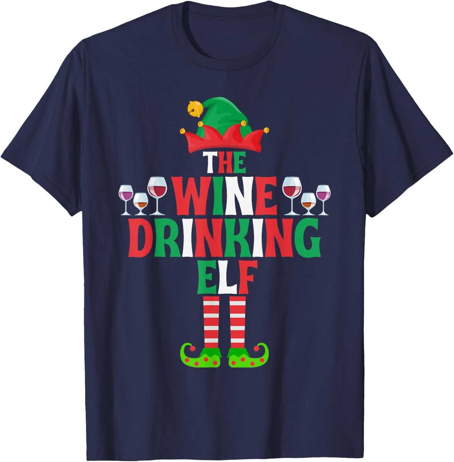 The Wine Drinking Elf, Funny Matching Family Group Christmas T-Shirt - T-Shirt | Navy