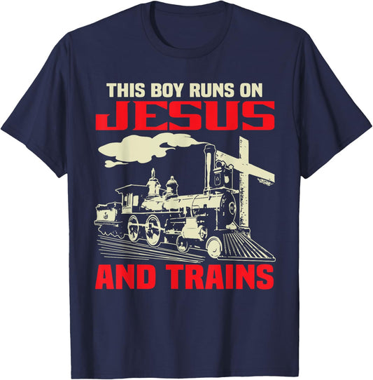 This Boy Runs On Jesus And Trains T-Shirt - T-Shirt | Navy